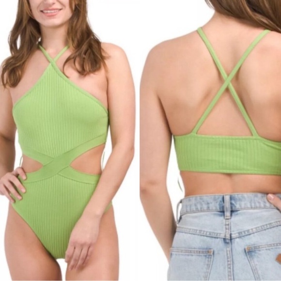 ZARA lime green cut out crisscross ribbed knit strappy bodysuit top size small - Picture 1 of 15